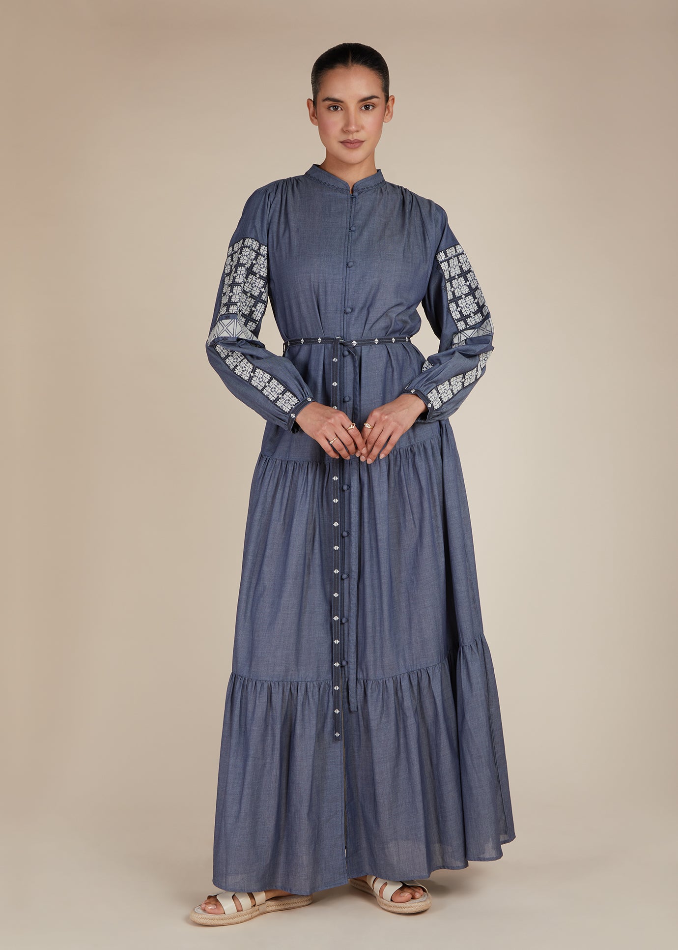 Boho Denim Tiered maxi | Modest Maxi Dresses | Aab Modest Wear Boho Denim Tiered maxi | Modest Maxi Dresses | Aab Modest Wear