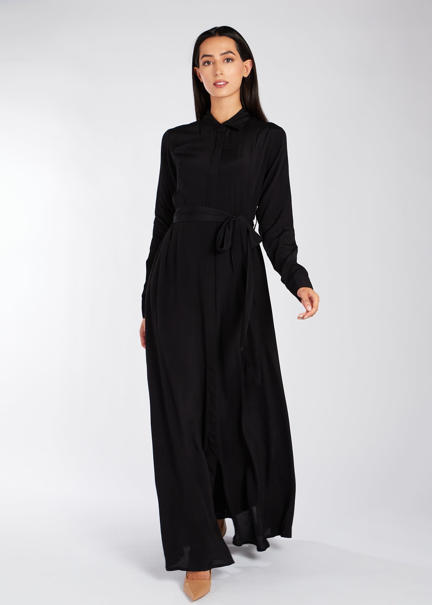 black maxi modest dress Modest Formal Satin Dress G531 Black