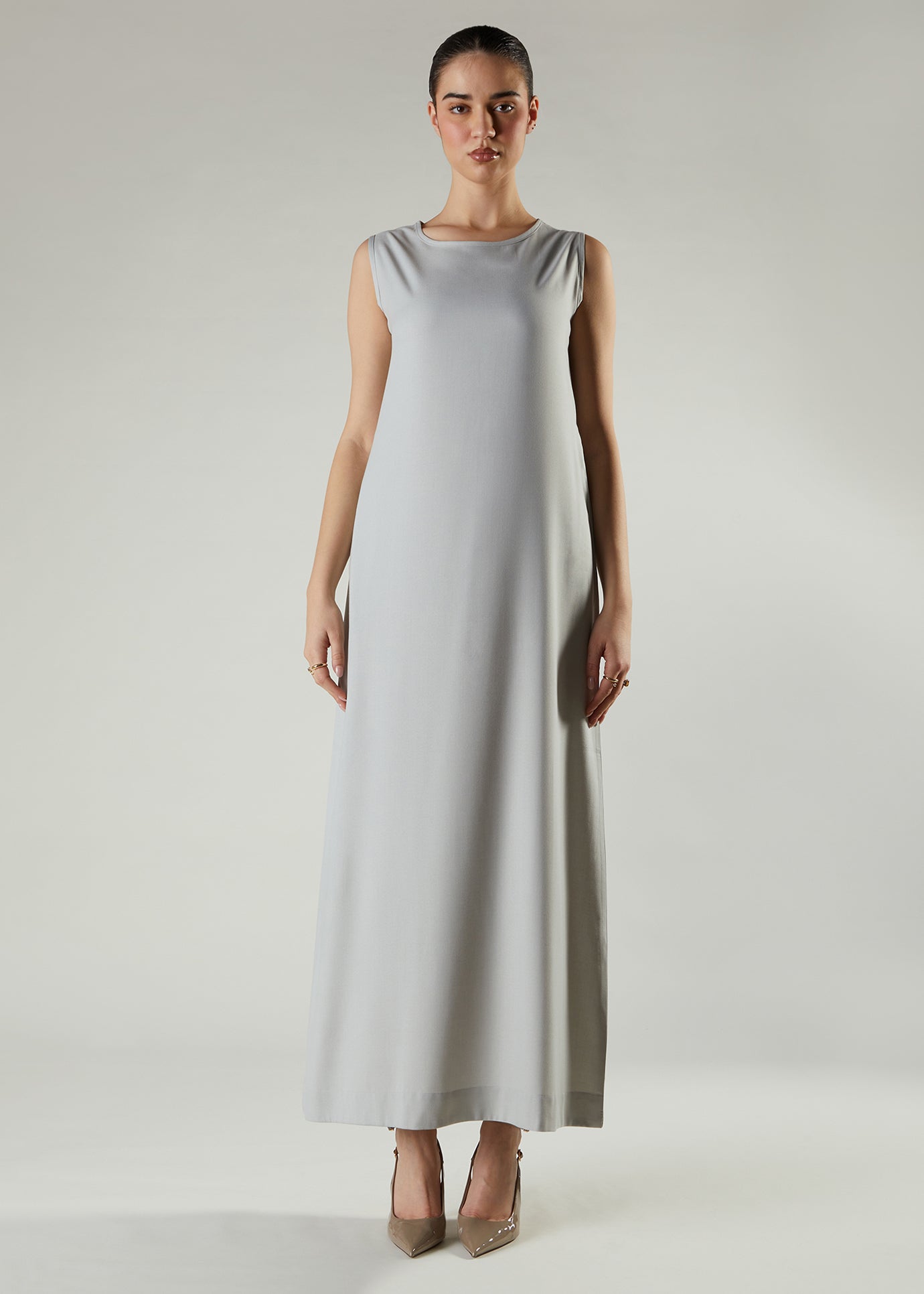 light grey slip dress Light Gray Midi Slip Dress with Lace Hem
