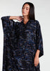 Designed with a modest, loose-fitting silhouette, this shirted kaftan is ideal for your summer wardrobe and holiday attire. The garment features buttons all the way down and is even suitable for nursing. You can also style it with your own belt to cinch in at the waist. Colour is dark navy blue with graphic abstract print of lines.