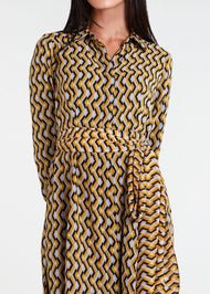 This Monochrome Maxi dress features a classic shirt-style design, making it a versatile and elegant choice for both formal and casual occasions. Its subtle colors and timeless pattern make it a perfect addition to your summer wardrobe. Yellow colour. Pockets.
