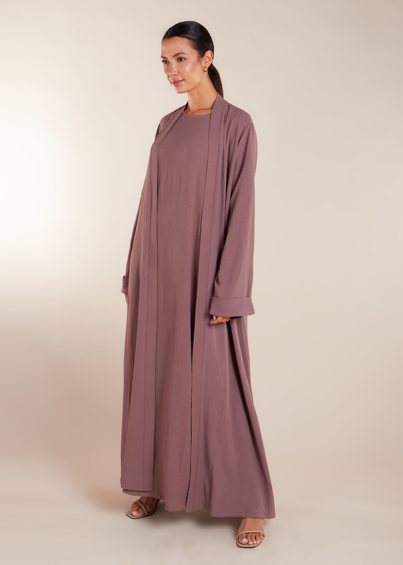 Two Piece Open Abaya with Slip Rose | Modest Co Ord | Aab Modest Wear Two Piece Open Abaya with Slip Rose | Modest Co Ord | Aab Modest Wear