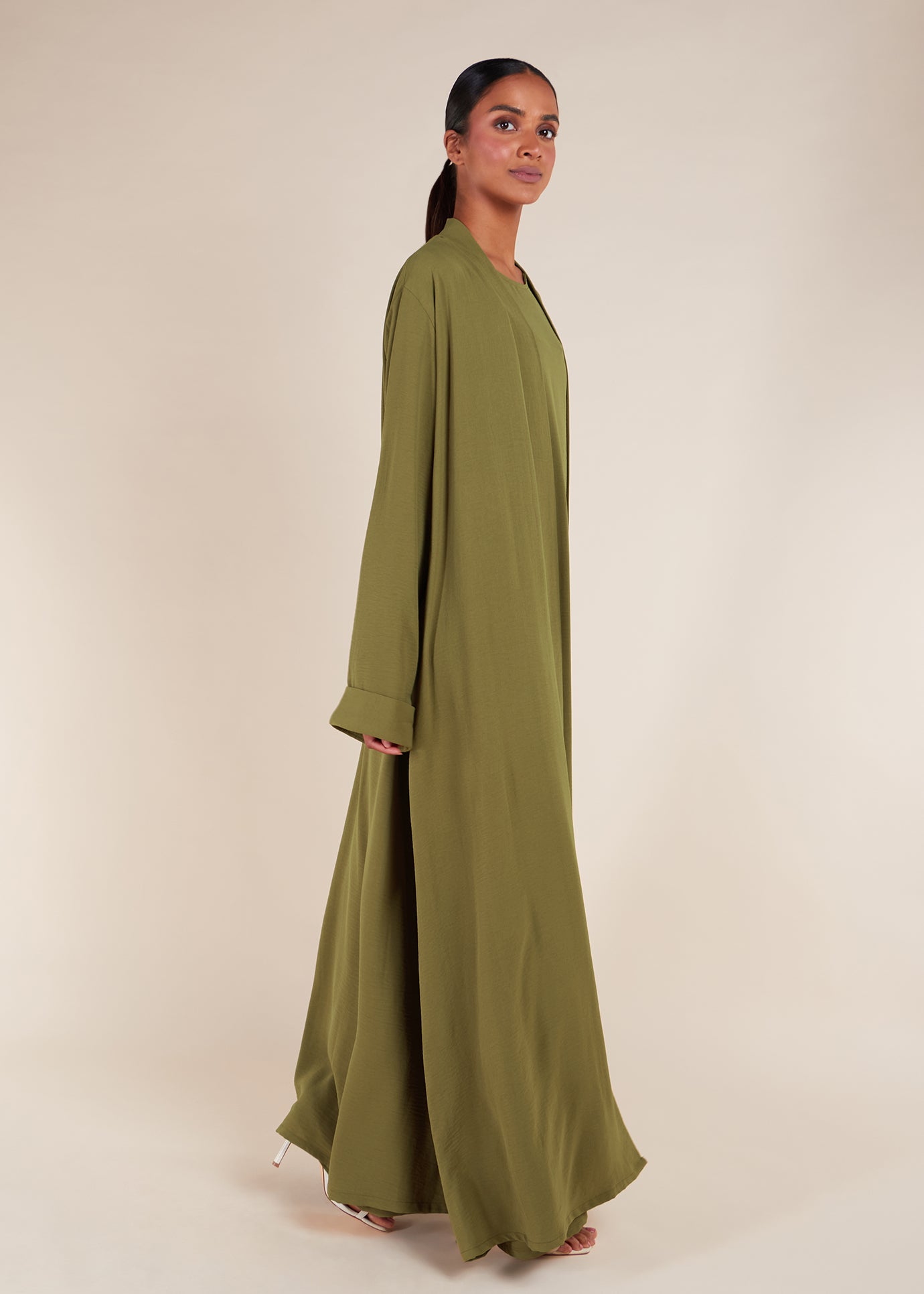 Two Piece Open Abaya With Slip Olive Green | Modest Open Abayas | Aab Modest Wear 50 Two Piece Open Abaya With Slip Olive Green | Modest Open Abayas | Aab Modest Wear 50