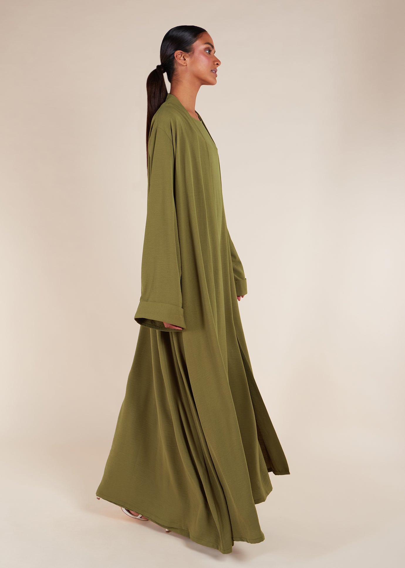 Two Piece Open Abaya With Slip Olive Green | Modest Open Abayas Two Piece Open Abaya With Slip Olive Green | Modest Open Abayas