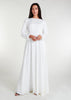 This fully lined white abaya boasts subtle pleats strategically placed at the waist to gently accentuate your figure. An optional belt is included for those who prefer a cinched waist.&nbsp;